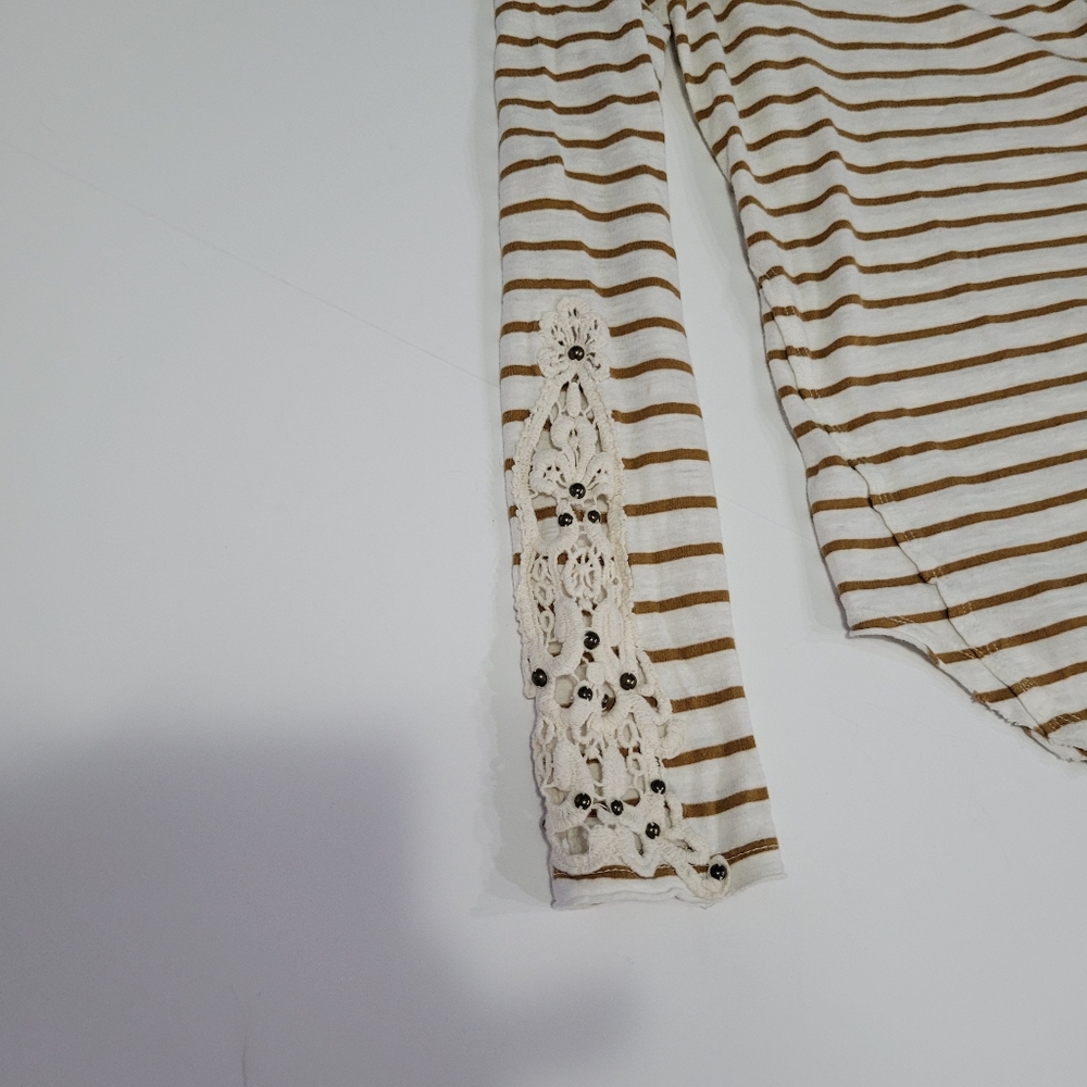 Free People Women's Size M Top White & Brown Striped - Picture 5 of 13